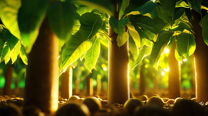 Obraz premium A serene view of a lush forest with sunlight filtering through vibrant green leaves, creating a tranquil and peaceful atmosphere.