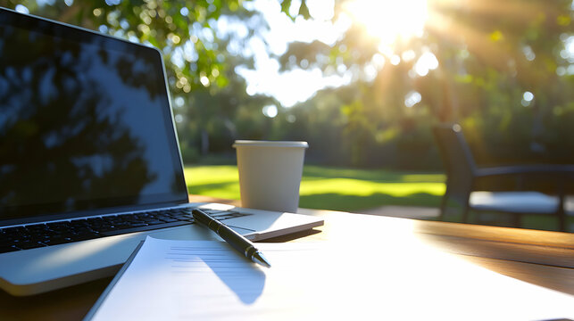 Cozy workspace with laptop and coffee outdoors.