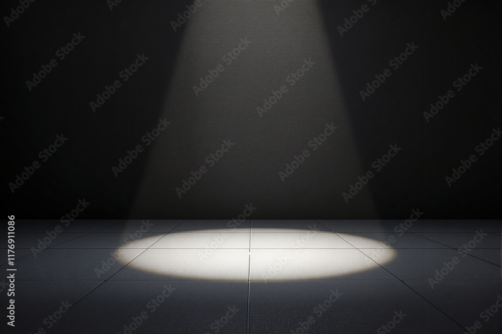 Poster a spotlight shining on a tiled floor with a dark wall behind, creating a dramatic and minimalistic a
