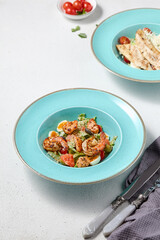 Minimalist Caesar Salad with Shrimp on Light Background – Contemporary Culinary Art Photography