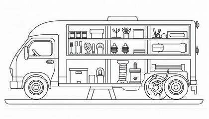 A mobile workshop truck equipped with various tools and equipment. Ideal for on-site repairs and maintenance. Perfect for mechanics, plumbers, or electricians.