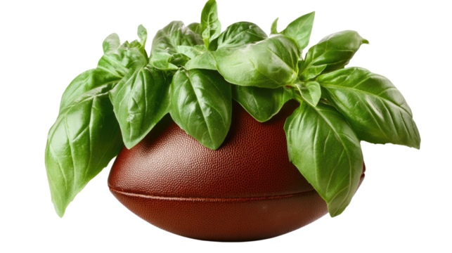 Basil in a Football: A quirky still life image featuring a football with a lush basil plant growing out of it, offering a unique and unexpected visual twist.