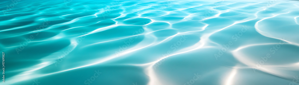 Poster a serene view of water surface with gentle waves, reflecting sunlight and creating a calming atmosph