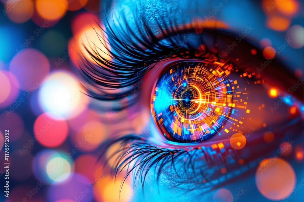 Poster close-up of a human eye with intricate digital patterns glowing in vivid colors, surrounded by a vib