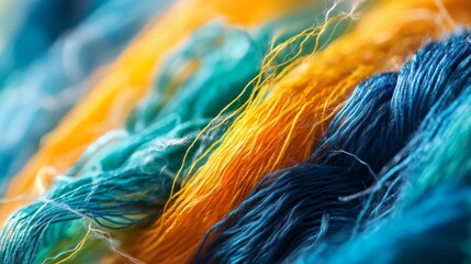 Obraz premium Vibrant textile threads in turquoise, yellow, orange, emerald green, navy blue, macro photography, tangled fiber textures, artistic arrangement, soft white background, high-resolution detail, silky