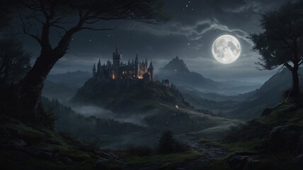 Dark, Enchanted Castle Standing at the Edge of a Jagged Cliff with a Pale Moonlight Background