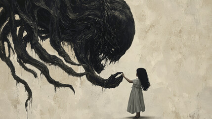 A captivating illustration of a monstrous figure holding the hand of a little girl, from the head to the torso. Generative AI