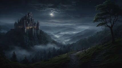 Dark, Enchanted Castle Standing at the Edge of a Jagged Cliff with a Pale Moonlight Background