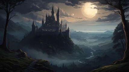 Dark, Enchanted Castle Standing at the Edge of a Jagged Cliff with a Pale Moonlight Background