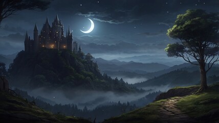 Dark, Enchanted Castle Standing at the Edge of a Jagged Cliff with a Pale Moonlight Background