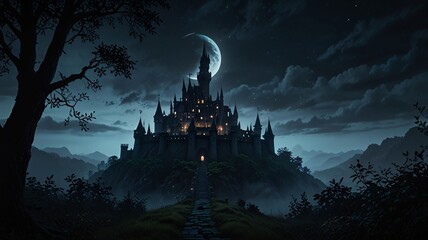 Dark, Enchanted Castle Standing at the Edge of a Jagged Cliff with a Pale Moonlight Background