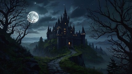 Dark, Enchanted Castle Standing at the Edge of a Jagged Cliff with a Pale Moonlight Background