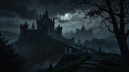 Dark, Enchanted Castle Standing at the Edge of a Jagged Cliff with a Pale Moonlight Background