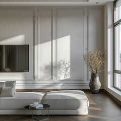 Aesthetic elegant minimalist modern interior design. Clear mock up empty wall for decoration in the apartment. Copy space in the room. Neutral palette of natural colors.
