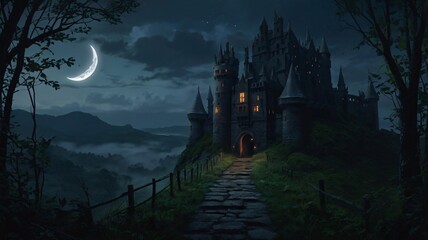Dark, Enchanted Castle Standing at the Edge of a Jagged Cliff with a Pale Moonlight Background