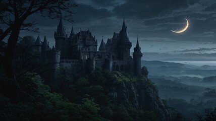 Dark, Enchanted Castle Standing at the Edge of a Jagged Cliff with a Pale Moonlight Background