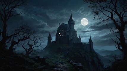 Dark, Enchanted Castle Standing at the Edge of a Jagged Cliff with a Pale Moonlight Background