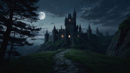 Dark, Enchanted Castle Standing at the Edge of a Jagged Cliff with a Pale Moonlight Background
