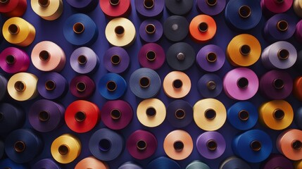 Neat rows of thread spools featuring navy blue, burgundy, champagne gold, peach colors, soft matte finish, even spacing, professional product photography, lavender backdrop, symmetrical composition