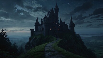 Dark, Enchanted Castle Standing at the Edge of a Jagged Cliff with a Pale Moonlight Background