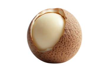Brown eggshell with cracked surface revealing a pale inner texture and shape resembling a soft-boiled egg situated on a plain surface