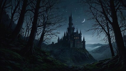 Dark, Enchanted Castle Standing at the Edge of a Jagged Cliff with a Pale Moonlight Background