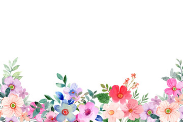 Watercolor floral seamless border frame on white background.