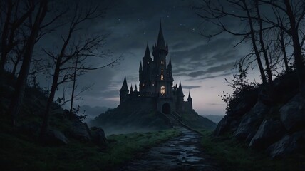 Dark, Enchanted Castle Standing at the Edge of a Jagged Cliff with a Pale Moonlight Background