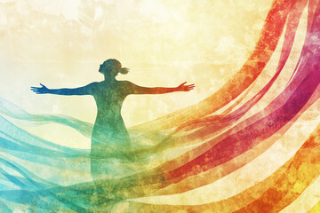 Naklejka premium A colorful representation of freedom and expression through vibrant flowing ribbons surrounding a silhouetted figure.