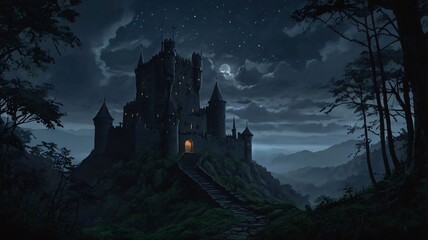 Dark, Enchanted Castle Standing at the Edge of a Jagged Cliff with a Pale Moonlight Background