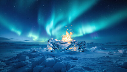 Fire on a Winter Night with Ethereal Glow Against the Northern Lights