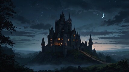 Dark, Enchanted Castle Standing at the Edge of a Jagged Cliff with a Pale Moonlight Background