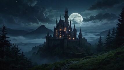 Dark, Enchanted Castle Standing at the Edge of a Jagged Cliff with a Pale Moonlight Background