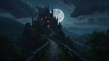 Dark, Enchanted Castle Standing at the Edge of a Jagged Cliff with a Pale Moonlight Background