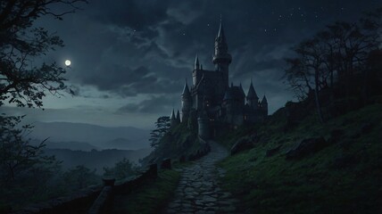 Dark, Enchanted Castle Standing at the Edge of a Jagged Cliff with a Pale Moonlight Background