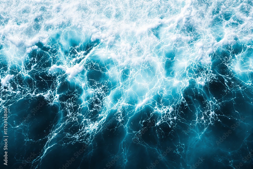 Poster abstract view of ocean waves with vibrant turquoise hues and illuminated foam, creating a dynamic an