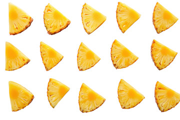 Fresh pineapple slices arranged in a decorative pattern on a white background for culinary presentation