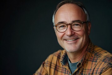 Fototapeta premium Happy mature man with glasses and casual clothes smiling on a dark background