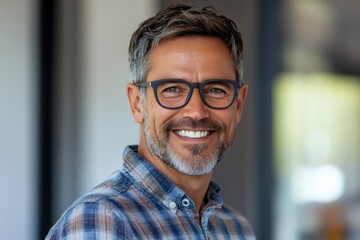 Fototapeta premium Portrait of smiling mature man wearing glasses and showing confidence