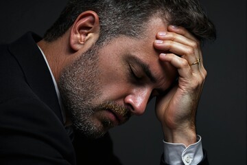 Obraz premium Close-up of a man in a suit holding his head with one hand, expressing distress, on a dark background. Emotional concept, emphasizing stress. Ai generative