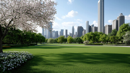 vibrant city park in spring with blooming flowers and skyscrapers