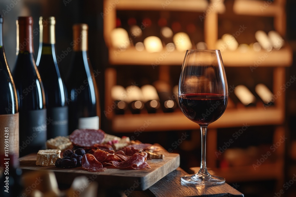 Poster elegant wine cellar showcases vintage bottles with tasting table featuring red wine and charcuterie 