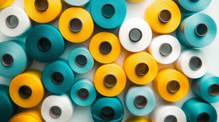 contemporary thread spool arrangement, geometric pattern layout, warm yellows to cool teals, clean white background, professional flat lay photography, textile craft elements, sharp details