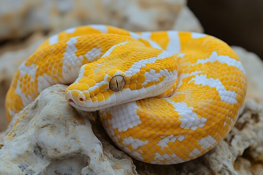 Yellow and white python resting on rocks