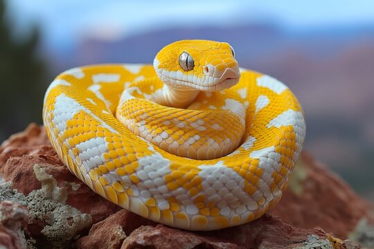 Yellow and white python resting on a rock
