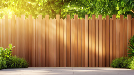 Fototapeta premium A serene wooden fence surrounded by lush greenery, providing a peaceful outdoor atmosphere with sunlight filtering through leaves.
