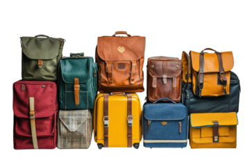 Unique collection of vintage backpacks and suitcases arranged for display in a bright setting