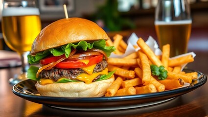 A gourmet burger with a seared beef patty, melted cheddar cheese, crisp lettuce, juicy tomatoes, caramelized onions