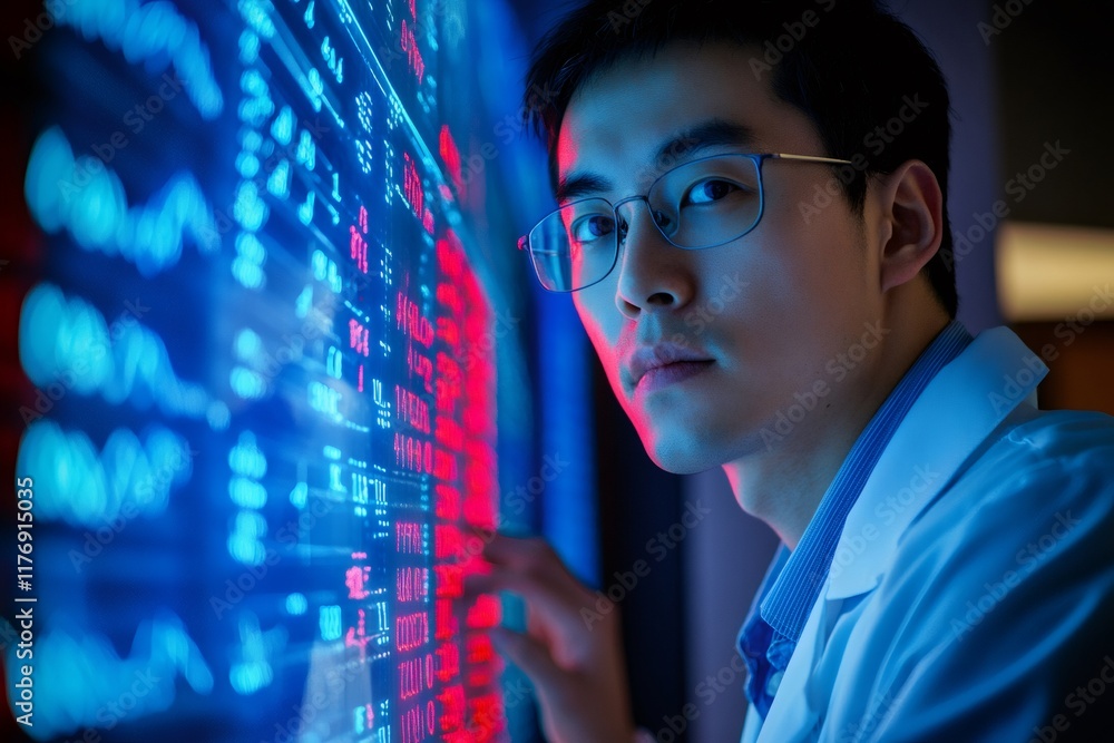 Poster stock market analyst analyzing data on a big screen display