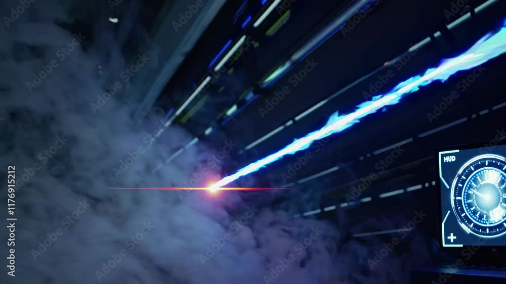 Poster dynamic laser beam cutting through fog in a futuristic setting with glowing technology elements